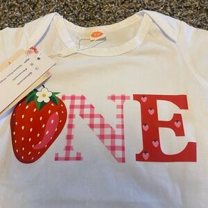 White 'One' Strawberry Graphic Baby Top